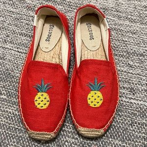 Soludos Espadrille Smoking slipper. Knobby Linen. Coral. Pineapple